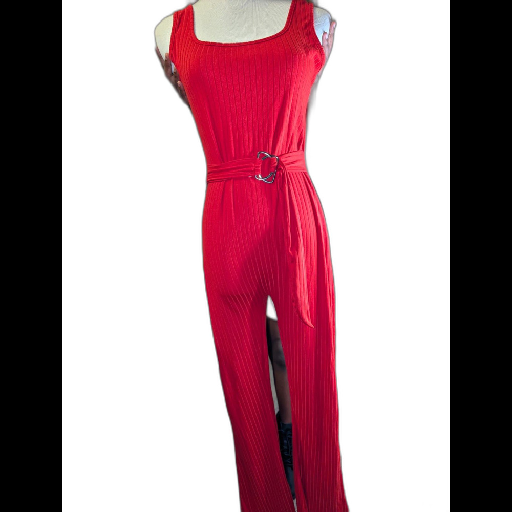 Ellie & Kate Women’s Red Ribbed Sleeveless Belted Square Neck Jumpsuit L